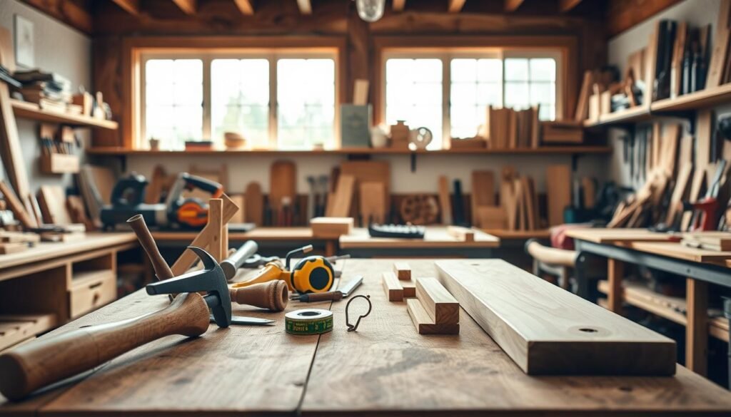 A well-organized woodworking workspace featuring essential tools for beginner woodworkers. In the foreground, a sturdy wooden workbench laden with must-have items: a hammer, a set of chisels, a tape measure, a saw, and various wood pieces. The middle ground showcases a bright and inviting workshop area filled with shelves holding books on woodworking and neatly arranged tools like clamps and sanding blocks. In the background, large windows let in natural light, creating a warm, inspiring atmosphere. Soft shadows highlight the wooden textures, while the overall composition evokes a sense of creativity and hands-on learning. The image should be realistic and visually engaging, emphasizing the art of DIY woodworking without any text or overlays.