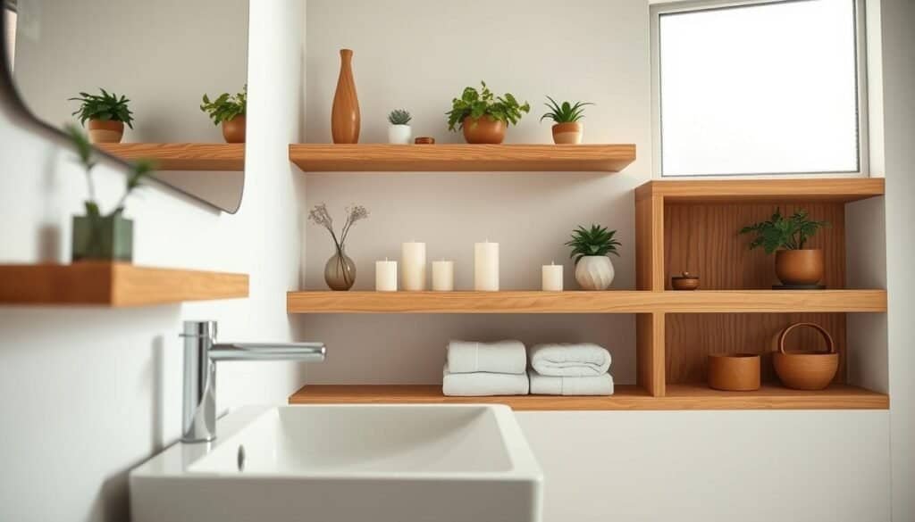 Bright and airy bathroom showcasing elegant wood shelves adorned with neatly arranged decorative items, such as potted plants, candles, and stylish towels. The shelves have a natural finish, highlighting the intricate wood grain, with subtle water-resistant treatment for humidity resilience. In the foreground, a sleek modern sink complements the shelves, while in the background, soft natural light streams in through a frosted window, creating a serene and inviting atmosphere. The camera angle captures the shelves at eye-level, emphasizing their functionality and aesthetic appeal. Overall mood is tranquil and harmonious, focusing on integrating wooden accents into a moisture-rich environment, enhancing the sense of warmth and comfort in the space.