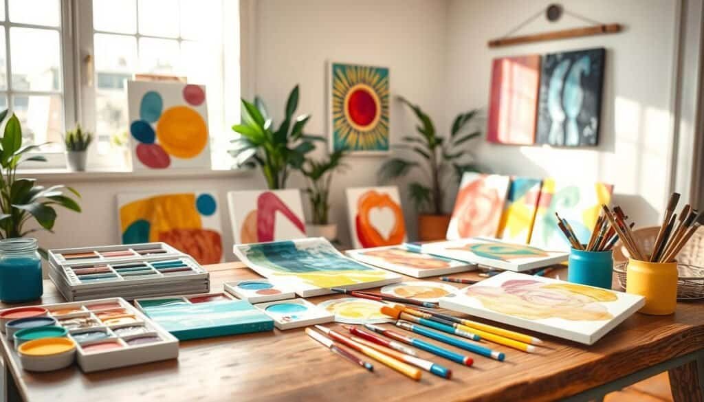 Colorful DIY wall art projects displayed on a stylish, wooden table in a bright, airy room. In the foreground, an array of vibrant art supplies—paints, brushes, and canvas pieces—showcasing creative textures and patterns. In the middle, a few finished art pieces hang on the walls, each reflecting cheerful themes like abstract forms and nature-inspired designs. The background features a cozy corner with potted plants and soft natural light streaming through a large window, creating a warm and inviting atmosphere. The scene captures a sense of joy and creativity, emphasizing a light, uplifting mood perfect for home decor. The image should be taken from a slightly elevated angle to encapsulate the entire art space in one frame, while highlighting the details of the projects.