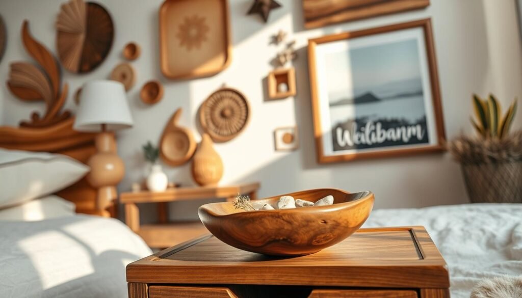 Decorative wooden objects for a cozy bedroom setting, featuring a beautifully crafted wooden bedside table with smooth, warm tones, a simple wooden lamp casting a soft, inviting light, and a hand-carved wooden bowl filled with natural elements like dried flowers or pebbles. In the background, diverse wooden wall art adds warmth, while wooden frames surround serene nature prints. The scene should be well-lit with a soft afternoon glow filtering through a nearby window, creating gentle shadows. The angle should show a slight overhead view, capturing an inviting atmosphere that evokes a sense of calm and balance. Perfect for illustrating how small wooden details can enhance a bedroom's serenity and charm. Decorative wooden objects for a cozy bedroom setting, featuring a beautifully crafted wooden bedside table with smooth, warm tones, a simple wooden lamp casting a soft, inviting light, and a hand-carved wooden bowl filled with natural elements like dried flowers or pebbles. In the background, diverse wooden wall art adds warmth, while wooden frames surround serene nature prints. The scene should be well-lit with a soft afternoon glow filtering through a nearby window, creating gentle shadows. The angle should show a slight overhead view, capturing an inviting atmosphere that evokes a sense of calm and balance. Perfect for illustrating how small wooden details can enhance a bedroom's serenity and charm.