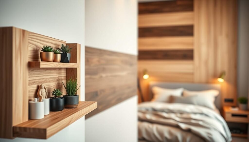 Elegant and modern wall-mounted wood accents designed for small bedrooms. The foreground features a stylish wooden shelf filled with small potted plants and decorative items, seamlessly integrated into a cozy, minimalistic bedroom setting. In the middle, an inviting wall showcases various wood textures—light oak, dark walnut, and natural birch—arranged artistically in a geometric pattern, enhancing the sense of space. The background offers a soft-focus glimpse of a neatly made bed with neutral-colored linens, complemented by warm, diffused lighting that creates a serene atmosphere. The angle captures the depth of the room, emphasizing the craftsmanship of the wood accents. Overall, the mood is one of warmth and tranquility, ideal for creating a harmonious bedroom environment.