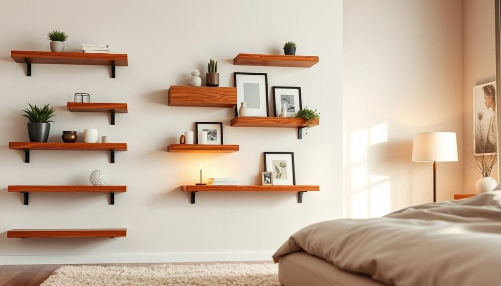 Floating wooden shelves elegantly mounted on a soft, neutral-colored wall. The shelves are crafted from rich, warm-toned wood with visible grain patterns, arranged at varying heights, displaying an assortment of minimalistic decor items, such as potted plants, candles, and framed photographs. In the foreground, a cozy, light-colored rug adds texture to the scene. The middle composition features a stylish bedside lamp casting a soft, warm glow, enhancing the calming atmosphere. In the background, a softly blurred bedroom setting hints at plush bedding and muted wall art. The image is illuminated by natural light streaming through a nearby window, creating gentle shadows. The overall mood is serene and inviting, emphasizing the elegance of organization in a modern bedroom space.