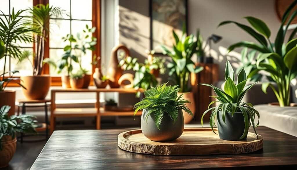 Lush indoor plants styled elegantly with rich wooden decor, featuring a variety of plant types such as ferns, succulents, and tall snake plants. In the foreground, a dark-stained wooden coffee table holds a ceramic pot with vibrant green foliage, complemented by a warm-toned wooden tray with natural textures. The middle ground highlights a minimalist wooden shelf with neatly arranged plants and rustic wooden sculptures, conveying a harmonious blend. In the background, soft sunlight filters through large windows, casting gentle shadows and enhancing the inviting atmosphere. The overall color palette consists of earthy browns and greens, creating a cozy, warm feeling perfect for any living space. Utilize a soft focus lens effect to evoke intimacy and comfort in the scene.