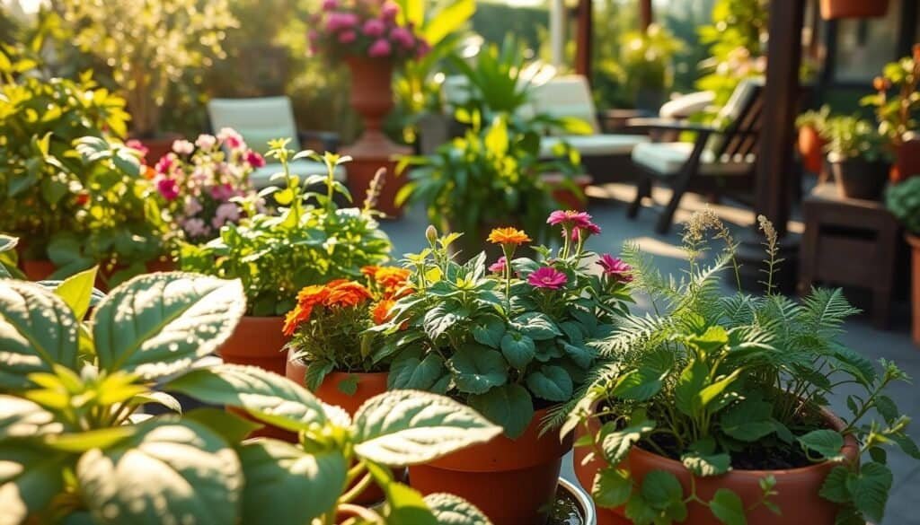 Lush, vibrant plants ideal for a home garden, featuring a variety of leafy greens, colorful flowering plants, and fragrant herbs, arranged harmoniously in terracotta pots and wooden planters. In the foreground, a close-up of dew-kissed leaves reflects the soft sunlight, inviting tranquility. The middle section displays a beautifully arranged cluster of herbs, like basil and mint, alongside cheerful marigolds and delicate ferns, all basking in bright, natural light. In the background, a serene outdoor sanctuary with greenery surrounds a cozy seating area, illuminated by the golden hour glow, creating a warm and inviting atmosphere. The composition should evoke calmness and inspire a sense of peace, with soft shadows playing across the scene, shot from a slightly elevated angle to capture depth and lushness.
