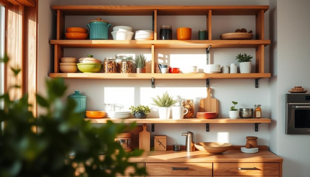 Open wooden shelving in a modern kitchen, featuring beautifully crafted pine wood with a warm, natural finish. The shelves are adorned with a curated selection of kitchenware, including vibrant ceramic dishes, glass jars filled with spices, and small potted herbs, creating an inviting atmosphere. In the foreground, soft sunlight filters through a nearby window, casting gentle shadows and highlighting the wood grain. The middle ground captures the shelves against a light-colored wall, enhanced by green plants that add a touch of freshness. In the background, blurred appliances and decorative elements create a harmonious, cozy kitchen ambiance. The overall mood is warm and inviting, showcasing the functional beauty of open shelving.