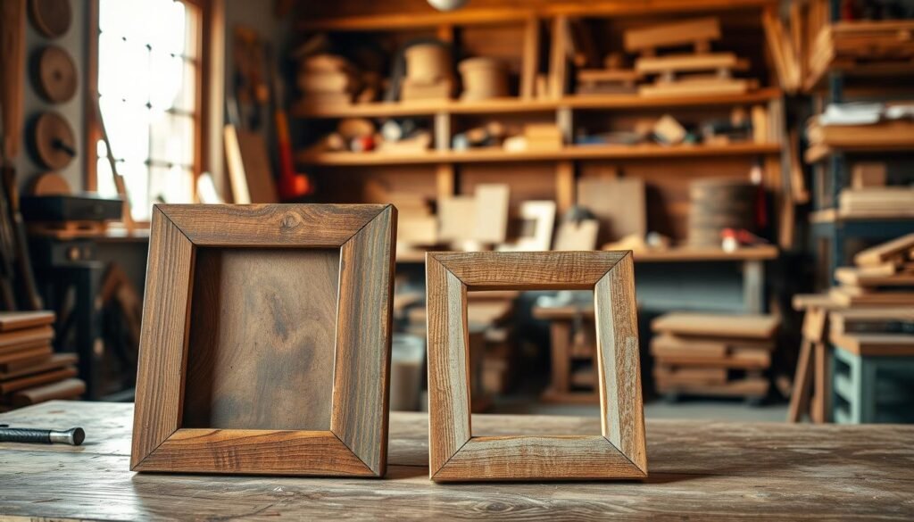 Rustic picture frames crafted from reclaimed wood, featuring a variety of textures and finishes. In the foreground, a set of three unique frames, each showcasing natural imperfections and rich wood grains that highlight their handcrafted nature. The middle ground reveals a rustic workshop setting with tools and wooden planks strewn about, softly illuminated by warm, natural lighting from a nearby window. In the background, shelves filled with other woodworking projects lend an atmosphere of creativity and craftsmanship. The overall mood is inviting and inspiring, capturing a sense of DIY charm. Shot with a shallow depth of field to emphasize the frames while creating a dreamy, artistic blur in the background.