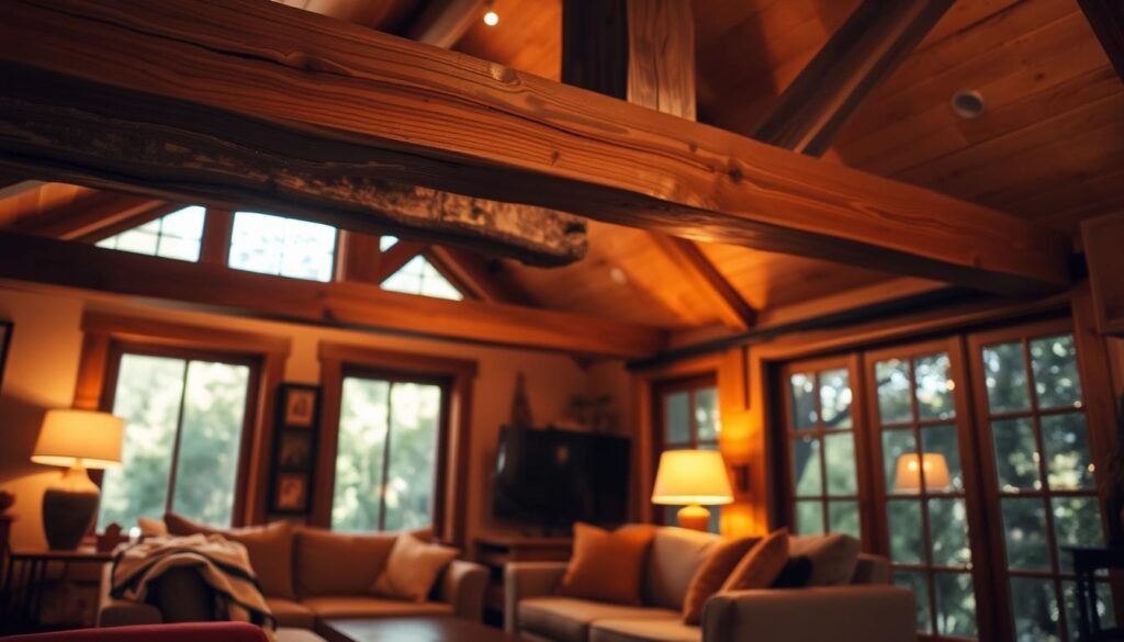 Rustic wooden beams gracefully cross a cozy, warmly-lit living room ceiling, emphasizing the natural beauty and craftsmanship of aged wood. In the foreground, a close-up view showcases the rough texture and rich grain of the beams, highlighting their character. The middle ground features a softly furnished living space with an inviting couch and throw blankets, bathed in the golden glow of ambient lighting. In the background, subtle hints of lush greenery can be seen through large windows, adding a touch of nature to the interior. The atmosphere is warm and welcoming, evoking a sense of comfort and relaxation, ideal for a cozy home. The image captures the essence of rustic charm in home décor, perfect for inspiring design ideas.