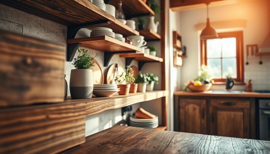 Rustic wooden kitchen shelves filled with carefully arranged rustic dishware, potted herbs, and small decorative items. The foreground features a close-up of the textured wood grain, rich with natural colors. In the middle ground, the open shelving displays beautifully organized kitchen essentials, with a focus on natural light pouring in from a nearby window, casting soft shadows. The background hints at a cozy kitchen setting, featuring warm tones, a countertop with a bowl of fresh produce, and subtle plant accents. The overall mood is warm and inviting, emphasizing a connection to nature and simplicity. Capture the image with a soft focus lens, highlighting details and depth, ensuring a relaxed and welcoming atmosphere.