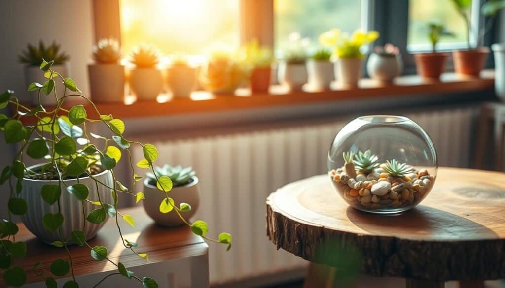 Small indoor plants, such as succulents and ferns, nestled in stylish ceramic pots, arranged on a sunlit wooden shelf. In the foreground, a vibrant green pothos plant cascades elegantly, its trailing vines adding life and movement. In the middle ground, a rustic wooden table features a terrarium filled with colorful pebbles and miniature plants, creating a focal point. The background is softly blurred with warm, natural light streaming through a large window, illuminating the space and enhancing the serene atmosphere. The overall mood is calm and inviting, celebrating the beauty of small plants in enriching indoor decor. The composition captures a cozy, modern living space, showcasing the impact of greenery in enhancing the environment.