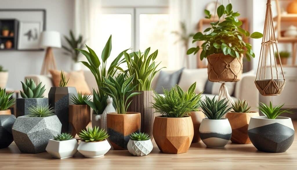 Vibrant and creative plant containers arranged in an inviting indoor setting. The foreground features a variety of unique containers, such as geometric ceramic pots, rustic wooden planters, and hanging macrame designs, each filled with lush green plants. In the middle, a bright window allows natural light to pour in, highlighting the textures of the containers and the vivid colors of the plants. The background showcases soft, blurred elements of a cozy living space, like a stylish sofa and decorative shelves, creating a warm and welcoming atmosphere. Capture the image with soft, diffused lighting, simulating the golden hour, using a focal length of 50mm to emphasize the containers while keeping the overall scene in harmony. The mood should inspire creativity and a sense of tranquility.
