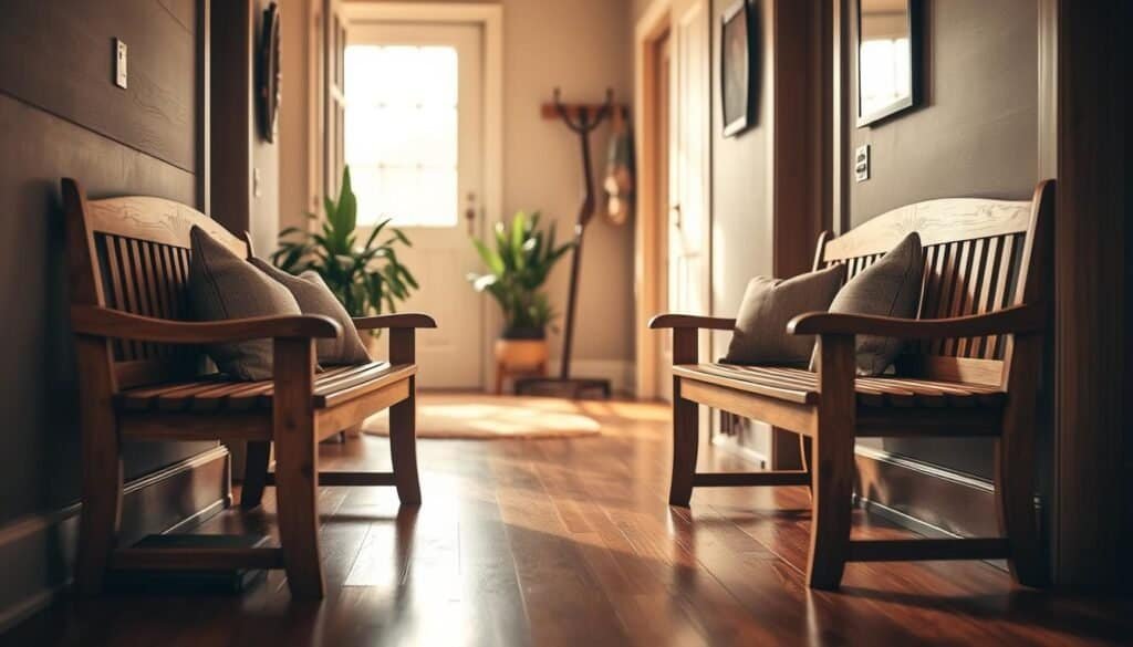 Wooden benches elegantly placed in a cozy entranceway, crafted from rich, warm-toned hardwood with visible grain patterns. Foreground features a beautifully finished bench with plush, neutral-colored cushions inviting comfort. In the middle, the entrance showcases decorative elements like potted plants and a stylish coat rack, adding functional charm. The background reveals a warmly lit hallway, with soft, natural light streaming in from an adjacent window, casting gentle shadows that enhance the inviting atmosphere. The scene conveys a welcoming and homey feel, perfect for enhancing any entryway with a touch of rustic elegance. The image should have a slight depth of field effect to subtly blur the background, drawing focus to the bench.