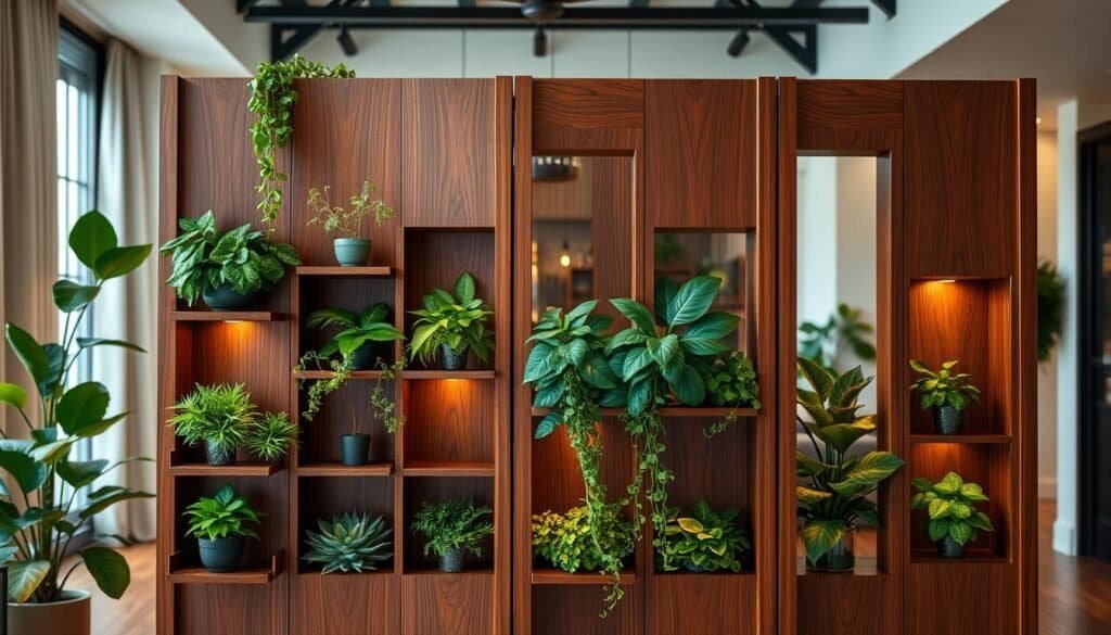 Wooden room dividers with integrated plant space, beautifully crafted from rich, dark wood with elegant grain patterns. In the foreground, show a divider featuring multiple built-in shelves filled with lush green plants, such as ferns, succulents, and trailing vines, creating a vibrant contrast. In the middle, include the divider set in a cozy, softly lit living space, with warm ambient lighting that highlights the natural textures of the wood. The background should feature a softly blurred modern interior, decorated with additional greenery, providing a serene and grounded atmosphere. Use a wide-angle lens for a comprehensive view, capturing the inviting and peaceful essence of the space, evoking a sense of tranquility and connection to nature.