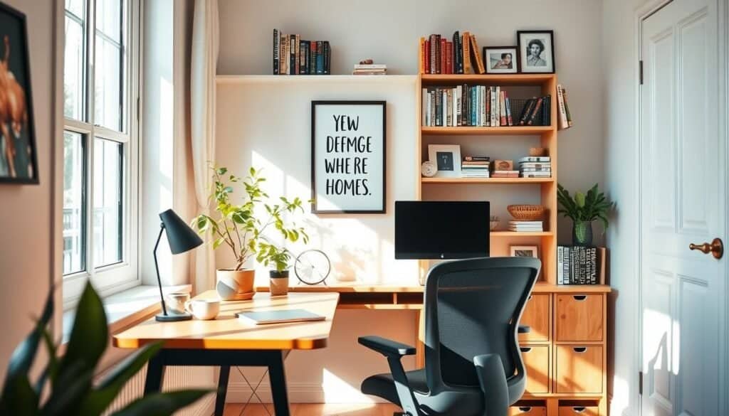 a cozy motivation corner in a bright home office, featuring a stylish wooden desk with motivational quote art on the wall, a lush green plant next to the desk, and a comfortable ergonomic chair. Natural light streams in through a large window, casting soft shadows. In the background, shelves display neatly organized books and personal achievements in decorative frames. A warm, inviting color palette of soft blues and earthy tones enhances the atmosphere, promoting focus and inspiration. Capture the scene with a slight depth of field to emphasize the foreground elements, highlighting warmth and creativity in the space.