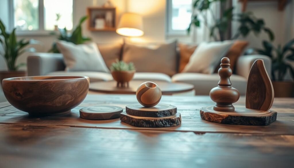 small wooden accents arranged artistically on a rustic wooden table, including a handcrafted wooden bowl, a set of coasters, and a small decorative sculpture. The foreground features the textures of the wood, highlighting the rich grain and warm tones under soft, diffused natural light. In the middle, there's a cozy living room setting with a softly lit lamp and a plush couch, creating an inviting atmosphere. The background includes greenery from potted plants that subtly frame the scene. Capture a shallow depth of field to emphasize the details of the wooden accents while keeping the overall mood warm and welcoming, perfect for a living room ambiance.