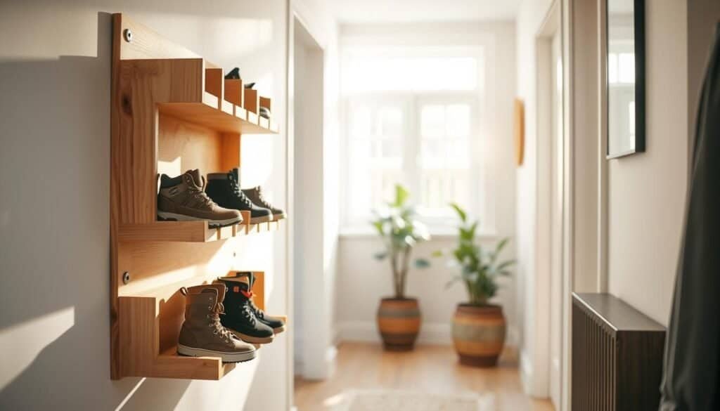 A DIY wall mount shoe rack made from natural wood, showcasing a multi-tiered design with open compartments for various shoe sizes, is the main focus in the foreground. The rack is adorned with neatly arranged boots and sneakers, evoking a sense of organization and tranquility. In the middle ground, a cozy, brightly lit hallway features soft sunlight filtering through a window, illuminating the wooden texture and casting gentle shadows. The background includes a potted plant in a rustic pot, adding a touch of greenery, while light-colored walls enhance the airy atmosphere. The image captures a calm and serene mood, highlighting the simplicity and functionality of the shoe rack in a well-decorated home environment. The overall composition is shot in a wide angle to emphasize the shoe rack's aesthetic appeal.