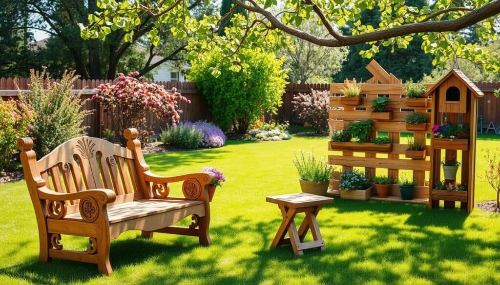 A beautiful backyard scene showcasing engaging outdoor wood projects. In the foreground, display a charming wooden bench with intricate carvings and a small, rustic table adorned with potted flowers. In the middle ground, highlight a well-constructed vertical garden made of wooden planks, filled with vibrant herbs and colorful flowers. On one side, a sturdy wooden birdhouse hangs from a tree branch, fostering a sense of wildlife. The background features a lush green lawn, dotted with blooming shrubs and trees in bright natural light, enhancing the inviting atmosphere. Use soft sunlight filtering through leaves, creating gentle shadows, and a warm, welcoming ambiance. Capture the scene from a slightly elevated angle to give a comprehensive view of the outdoor projects while maintaining a soft focus on the details, emphasizing the beauty of DIY craftsmanship.