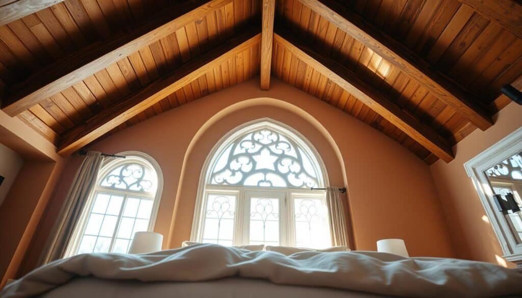 A beautiful cathedral ceiling in a cozy bedroom, showcasing intricate wood beams and warm, textured finishes. The foreground features soft, inviting fabrics draping over a plush bed adorned with neutral tones, creating a sense of comfort. In the middle, the ceiling arch rises gracefully, highlighted by bright natural light streaming through large, decorative windows, casting gentle shadows. The background includes softly painted walls in warm earth tones, enhancing the sense of architectural warmth. The atmosphere is serene and inviting, with soft sunlight illuminating the space, creating an airy feel. Capture this scene from a slightly elevated angle to emphasize the grandeur of the ceiling yet maintain a sense of intimacy in the room.