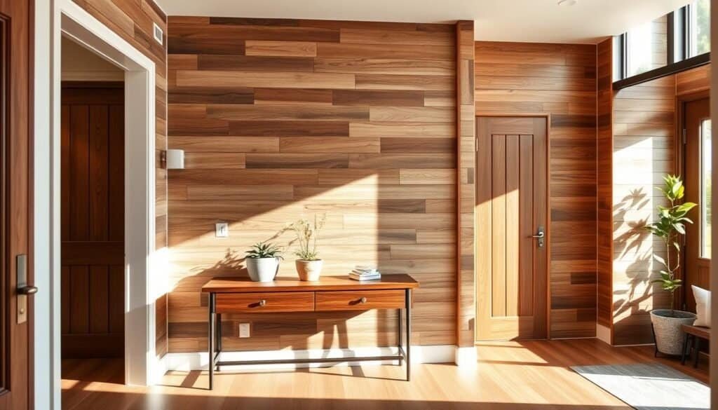 A beautifully adorned entryway featuring various wooden wall treatments, showcasing a mix of shiplap, reclaimed wood paneling, and polished wooden planks. In the foreground, there is a stylish console table made from dark wood, adorned with a small potted plant and a decorative vase. The middle section highlights the textured wall treatments, with soft sunlight streaming in through a nearby window, casting gentle shadows that enhance the wood's natural grain. The background displays a cozy, inviting atmosphere with subtle greenery and warm neutral colors. The lighting is bright and airy, creating a welcoming ambiance, captured with a wide-angle lens to emphasize depth and space.