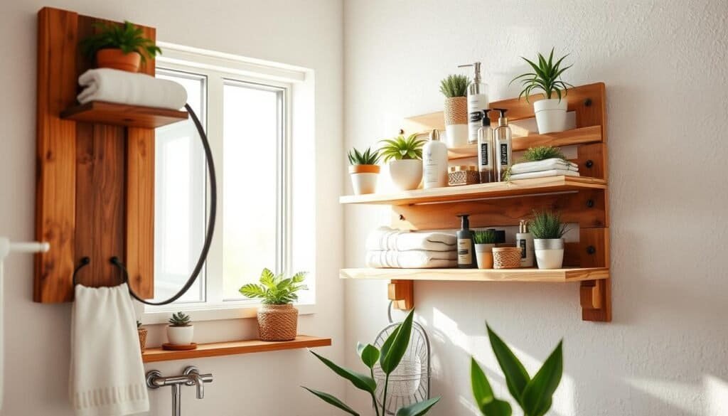 A beautifully arranged DIY pallet bathroom shelf mounted on a textured wall, showcasing an array of decorative items such as potted plants, neatly folded towels, and stylish toiletries. In the foreground, the warm, rustic wood of the shelf stands out against a soft white background, illuminated by bright, natural sunlight streaming through a nearby window, casting gentle shadows. The middle ground features a cozy bathroom setting, with elements like a vintage mirror and a woven basket nearby, enhancing the organic feel. The background subtly includes a hint of green from plants, creating an inviting and serene atmosphere. The overall mood is calm and productive, perfect for inspiring creative woodworking projects. The image has a focal length that captures the shelves in detail while keeping the surrounding elements softly blurred.