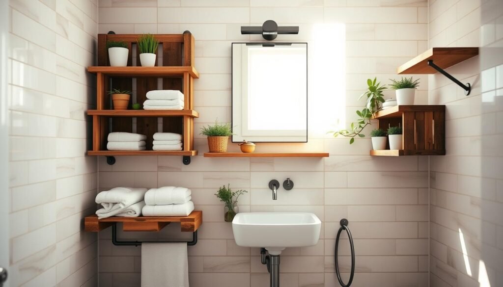 A beautifully arranged bathroom featuring DIY pallet wood shelves, showcasing creative upcycled storage solutions. In the foreground, view the rustic shelves made from reclaimed pallets, displaying neatly organized bathroom essentials like towels, plants, and decorative jars. The middle ground includes a stylish mirror above a modern sink, adding to the functionality of the space. The background features soft, airy lighting filtering through a window, creating a warm, inviting atmosphere. The overall mood is relaxed and inspiring, highlighting sustainable living. The scene captures the natural textures of the wood against a light-colored tiled wall, emphasizing the charm of DIY woodworking projects. The image should reflect a clean, clutter-free environment with bright natural light and soft sunlight illuminating the shelves.