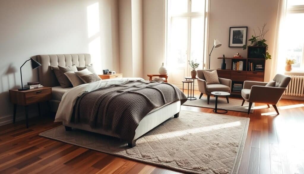 A beautifully arranged bedroom interior showcasing a perfect bed and furniture layout. In the foreground, a plush, elegantly made bed with a modern headboard, soft throw pillows, and a cozy knitted blanket. Surrounding the bed, stylish wooden nightstands with minimalistic lamps and a few tasteful decorative accents. In the middle ground, an inviting armchair next to a chic rug, with a small bookshelf filled with curated books and plants for added warmth. The background features a large window allowing bright, soft sunlight to illuminate the space, highlighting warm wooden flooring and subtle wall art. The atmosphere is serene, balancing comfort and sophistication, ideal for an inviting and elegant bedroom retreat. The angle is slightly tilted, emphasizing the arrangement's harmony and the flow of natural light.
