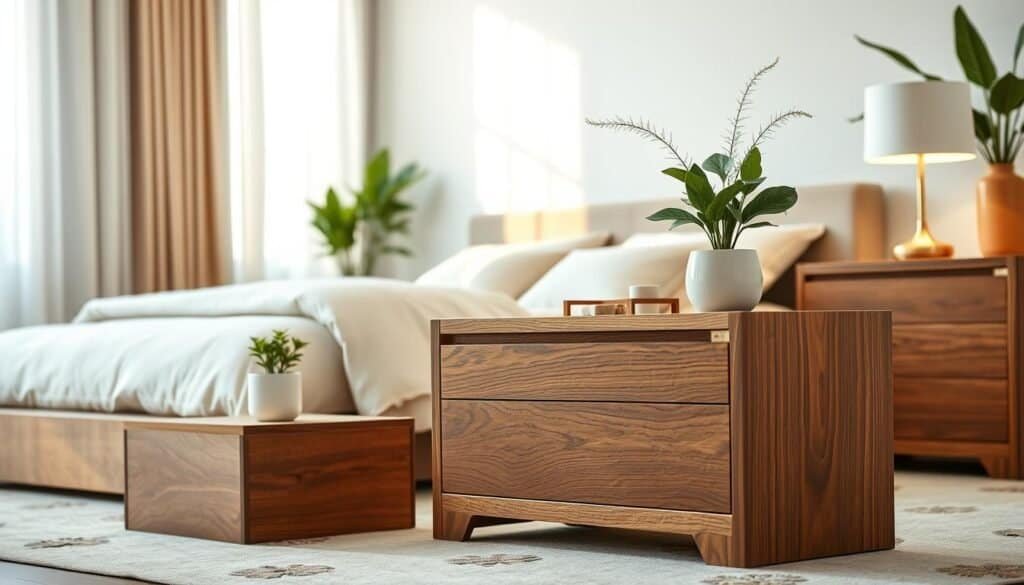 A beautifully arranged bedroom scene featuring stylish wooden nightstands and bedside tables. In the foreground, two elegant nightstands with rich, textured wood grains, one showcasing a small potted plant and a softly glowing table lamp. The middle ground includes a cozy bed with inviting soft linen and natural hues, while the background reveals gentle sunlight streaming through sheer curtains, casting a warm and inviting glow across the room. The atmosphere is calm and serene, emphasizing a tranquil space perfect for relaxation. Capture this in a realistic style with a focus on natural lighting and a soft, airy feel, utilizing a wide-angle lens to enhance the spaciousness of the bedroom setting.
