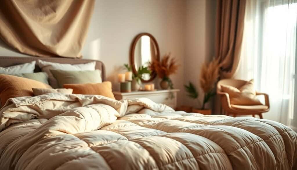 A beautifully arranged bedroom showcasing cozy bedding options, featuring an inviting color palette of warm earth tones like soft beige, muted greens, and rich browns. In the foreground, a plush quilt drapes gracefully over a neatly made bed with fluffy pillows and a soft throw blanket layered on top. The middle ground includes a stylish nightstand with ambient candles and a small potted plant, enhancing the cozy vibe. The background reveals a softly lit window, allowing bright natural light to filter through sheer curtains, casting gentle shadows. The atmosphere conveys warmth and comfort, inviting viewers to imagine snuggling up in this serene space. The scene is captured with a wide-angle lens to emphasize the cozy layers of textiles and the inviting ambience of the room.