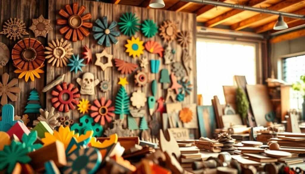 A beautifully arranged collage of scrap wood crafts, showcasing a variety of DIY projects like wall art and decorative pieces. In the foreground, vibrant, colorful wooden shapes and patterns create an eye-catching design. The middle layer features a rustic wooden wall adorned with unique scrap wood art pieces, including geometric figures and nature-inspired designs, all crafted from reclaimed wood. In the background, a sunlit workshop with soft, warm sunlight streaming through large windows illuminates the space, creating an inviting ambiance. The focus is sharp on the crafts while the workshop slightly blurs, enhancing the depth of field. The overall mood is creative and inspiring, evoking a sense of eco-friendly artistry and DIY spirit.