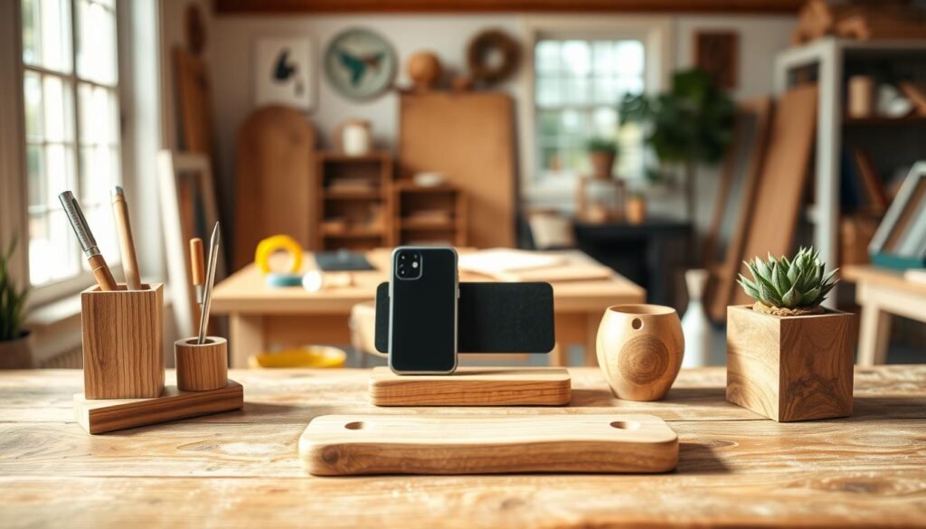 A beautifully arranged collection of DIY wood desk accessories, including a minimalist wooden pen holder, a sleek phone stand, and a small decorative planter. The foreground features these handcrafted items on a rustic wooden desk. In the middle ground, a soft-focus view reveals a cozy workspace with a few scattered tools, such as a tape measure and wood glue, adding a creative touch. The background showcases a warm, inviting room with soft sunlight filtering through a window, creating a calm atmosphere. The scene is illuminated by bright natural light, emphasizing the wood's rich grain and texture. The image captures the serene mood of a weekend woodworking project, inviting creativity and tranquility.