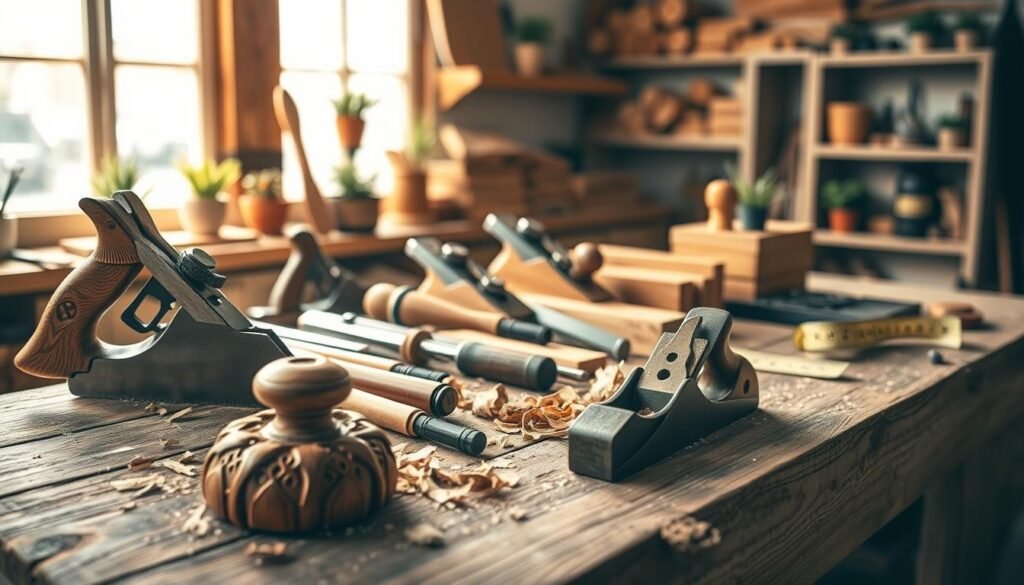 A beautifully arranged collection of essential woodworking tools, including a hand saw, chisels, a vintage wood plane, clamps, and a measuring tape, displayed on a rustic wooden workbench. In the foreground, an intricately carved wooden object serves as a focal point. The middle ground features an array of tools neatly laid out, surrounded by shavings and wood pieces, all bathed in bright, natural light streaming through a nearby window. In the background, a softly blurred workshop scene reveals shelves filled with wood supplies and small potted plants, adding warmth and life to the space. The atmosphere is inviting and creative, capturing the spirit of craftsmanship and the promise of creating heirloom-quality wood projects. The lighting is soft and airy, enhancing the textures of the wood and tools while maintaining a bright and cheerful tone.