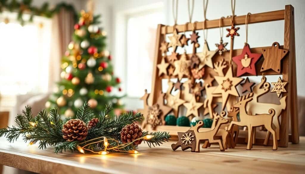 A beautifully arranged collection of handcrafted wooden Christmas ornaments, showcasing various shapes such as stars, snowflakes, and reindeer. The ornaments are intricately carved with delicate patterns and painted in traditional festive colors like red, green, and gold. In the foreground, a soft wooden table is adorned with pine branches and twinkling fairy lights, casting a warm glow. The middle ground features an assortment of ornaments hanging from a rustic wooden display rack, each ornament reflecting soft sunlight that filters through a nearby window. The background is softly blurred, hinting at a cozy holiday-themed interior with a decorated Christmas tree. The overall atmosphere is cheerful and inviting, encapsulating the spirit of holiday crafting in a well-lit, airy space.