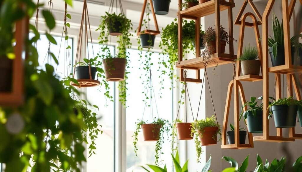 A beautifully arranged collection of hanging wooden plant displays, showcasing various indoor plants in pots suspended from intricate wood frames. In the foreground, soft green leaves cascade down, contrasting with the warmth of the natural wood. The middle layer features multiple wooden shelves and hangers, artfully designed to create vertical interest, adorned with trailing vines and small flowering plants. In the background, a softly blurred window lets in bright, natural light, enhancing the sense of an airy, well-lit space. The atmosphere is warm and inviting, evoking a sense of tranquility and connection with nature. Capture the scene from a slightly low angle to emphasize the heights of the plant displays, and use soft sunlight to create gentle shadows that add depth and dimension to the composition.