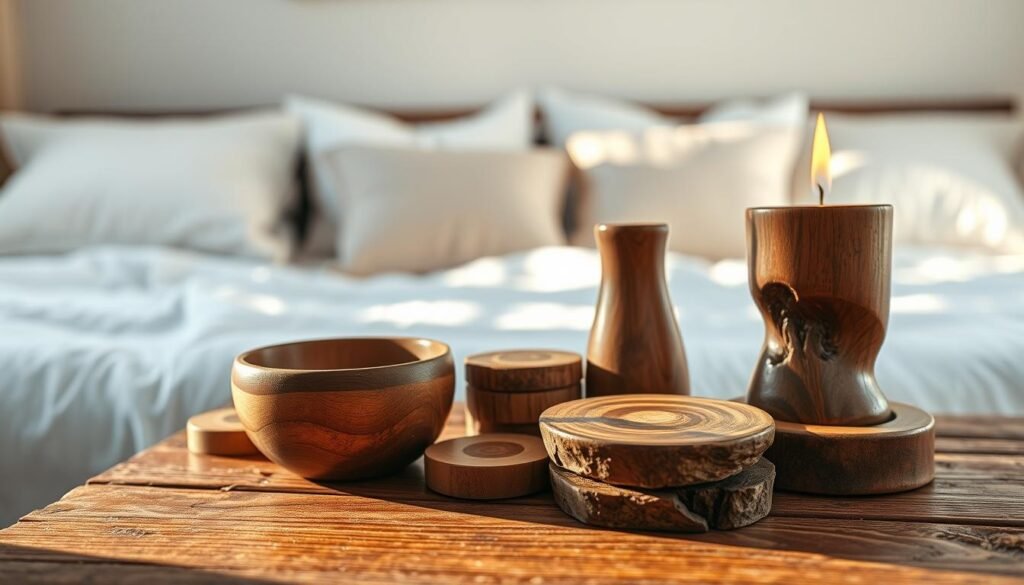 A beautifully arranged collection of small wooden accessories displayed on a rustic wooden surface, featuring a variety of items such as a hand-carved bowl, a set of coasters, and a unique wooden candle holder. The foreground highlights the rich textures and grains of the wood, illuminated by warm, soft sunlight pouring in from a nearby window. In the middle, a light, airy bedroom setting is visible, with plush bedding and soft pillows creating a cozy atmosphere. The background subtly fades into the serene hues of the wall, enhancing the feeling of tranquility. The overall mood is inviting and peaceful, emphasizing the comfort and charm that these small accents bring to a bedroom space.