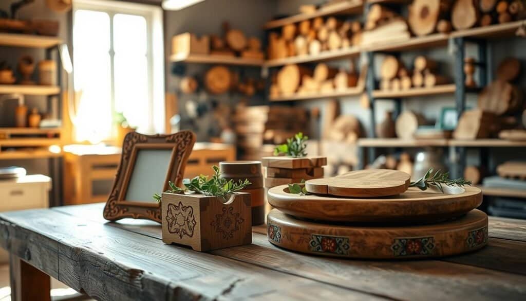 A beautifully arranged collection of wooden DIY gifts displayed on a rustic wooden table. In the foreground, showcase a hand-carved wooden photo frame and a small decorative wooden box with intricate designs. In the middle ground, feature a set of hand-painted wooden coasters and a rustic wooden serving tray adorned with fresh greenery. The background reveals a softly lit workshop environment, filled with shelves of woodworking tools and wood pieces bathed in bright natural light. Soft sunlight filters through a nearby window, creating a warm and inviting atmosphere. Capture the scene from a slightly elevated angle to emphasize the artistic details and craftsmanship. Aim for a realistic and cozy ambiance that inspires creativity and appreciation for handmade wooden gifts.