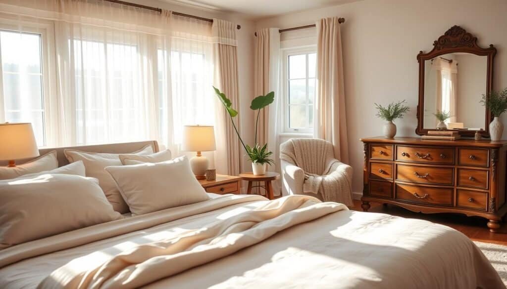 A beautifully arranged comfortable bedroom featuring soft, inviting furniture. In the foreground, a plush, queen-size bed with layered neutral-toned bedding and an assortment of decorative pillows. In the middle, matched nightstands with gentle, warm lamps casting a soft glow. A cozy armchair with a knitted throw and a small wooden side table holding a potted plant creates a welcoming reading nook. In the background, a wooden dresser with an elegant mirror reflects soft morning light, enhancing the airy feel. Sunlight streams through large windows with sheer curtains, illuminating the room in a warm, gentle atmosphere. The overall mood is serene and inviting, promoting a sense of comfort and flow, perfect for relaxation.