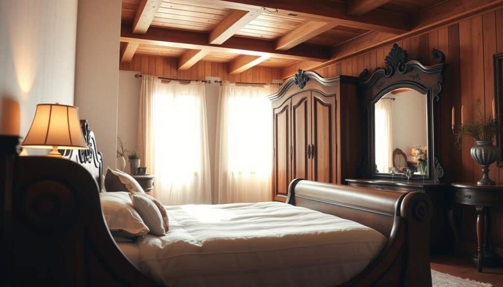 A beautifully arranged cozy bedroom featuring elegant wooden furniture that adds warmth and character. In the foreground, a hand-carved wooden bed with a plush, neutral-toned comforter and decorative pillows. Adjacent to the bed, a rustic wooden nightstand with a stylish lamp radiating soft, natural light. The middle ground showcases a vintage wooden wardrobe with intricate detailing and a large mirror reflecting the soft sunlight filtering through sheer curtains. The background reveals warm wooden beams across the ceiling, enhancing the inviting atmosphere. The entire scene is bathed in bright, airy natural light, creating a calm, restful mood, perfect for a tranquil retreat. The image should be taken from a slightly elevated angle, capturing the depth and charm of the furniture while emphasizing the serene ambiance of the space.