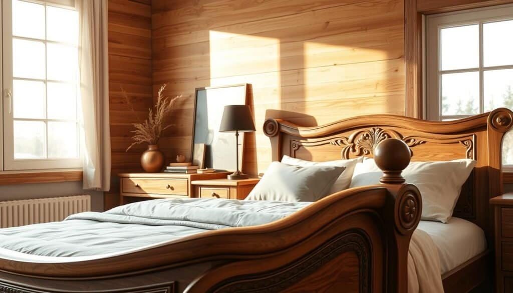 A beautifully arranged cozy bedroom interior showcasing the elegant blending of wood with other materials for a balanced designer look. In the foreground, a handcrafted wooden bedframe featuring intricate details, adorned with soft linens and plush pillows. The middle layer highlights a stylish wooden nightstand holding a minimalist lamp, along with decorative elements such as metal and glass accents for contrast. In the background, large windows allow bright, natural light to fill the room, illuminating the warm wooden tones and enhancing the airy atmosphere. The lighting is soft, casting gentle shadows that evoke calmness and restfulness. The overall mood is serene and inviting, perfect for a restful space that promotes relaxation. The composition captures a harmonious blend of textures, colors, and elements that elevate the cozy aesthetic.