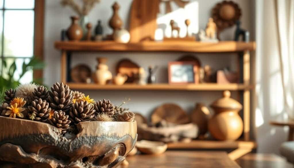 A beautifully arranged display of decorative wooden accents in a cozy, well-lit setting. In the foreground, an intricately carved wooden bowl filled with vibrant natural elements like pine cones and dried flowers. The middle features an elegant wooden shelf adorned with various handcrafted items, including small sculptures and picture frames, each showcasing detailed grain patterns. In the background, soft sunlight streams through a window, casting gentle shadows and highlighting the rich textures of the wood. The atmosphere is warm and inviting, evoking a sense of craftsmanship and character in everyday décor. The scene is captured with a shallow depth of field, focusing on the details of the wooden accents while softly blurring the background for an airy, spacious feel.