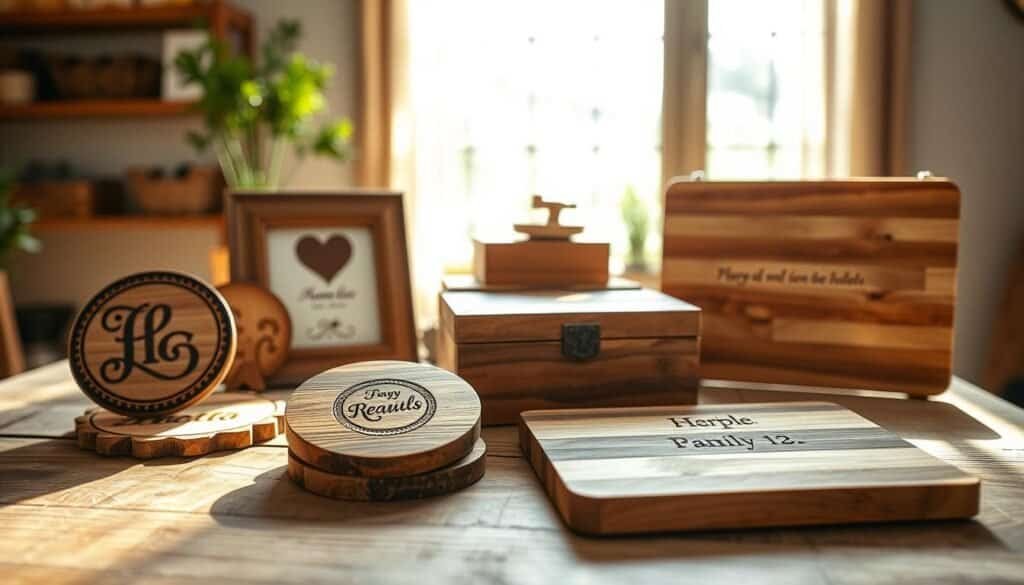 A beautifully arranged display of personalized wooden gifts on a rustic wooden table in a sunlit room. In the foreground, showcase intricately carved wooden coasters with unique initials, a hand-painted wooden photo frame, and a bespoke wooden jewelry box, all featuring elegant engravings. The middle ground includes a skillfully crafted wooden cutting board embellished with a family recipe burned into the surface. In the background, soft sunlight filters through a large window, casting gentle shadows and creating a warm, inviting atmosphere. Use a soft focus to enhance the cozy, homey vibe while maintaining clarity on the details of the wood grain. The overall mood is personal, heartfelt, and artisanal, suitable for showcasing the beauty of DIY woodworking projects that resonate emotionally.