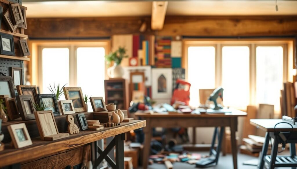 A beautifully arranged display of various scrap wood crafts in a cozy, well-lit workshop. In the foreground, focus on a rustic wooden shelf adorned with small handcrafted items such as picture frames, plant holders, and decorative coasters, all featuring diverse textures and finishes. The middle section showcases a table cluttered with tools like saws and sanders, surrounded by pieces of colorful scrap wood. In the background, large windows let in bright, soft sunlight, illuminating the space and creating a warm atmosphere. The workshop feels inviting and creative, embodying a sense of DIY spirit. Capture this scene from a slightly elevated angle to emphasize the details and the organized chaos of the craft space.