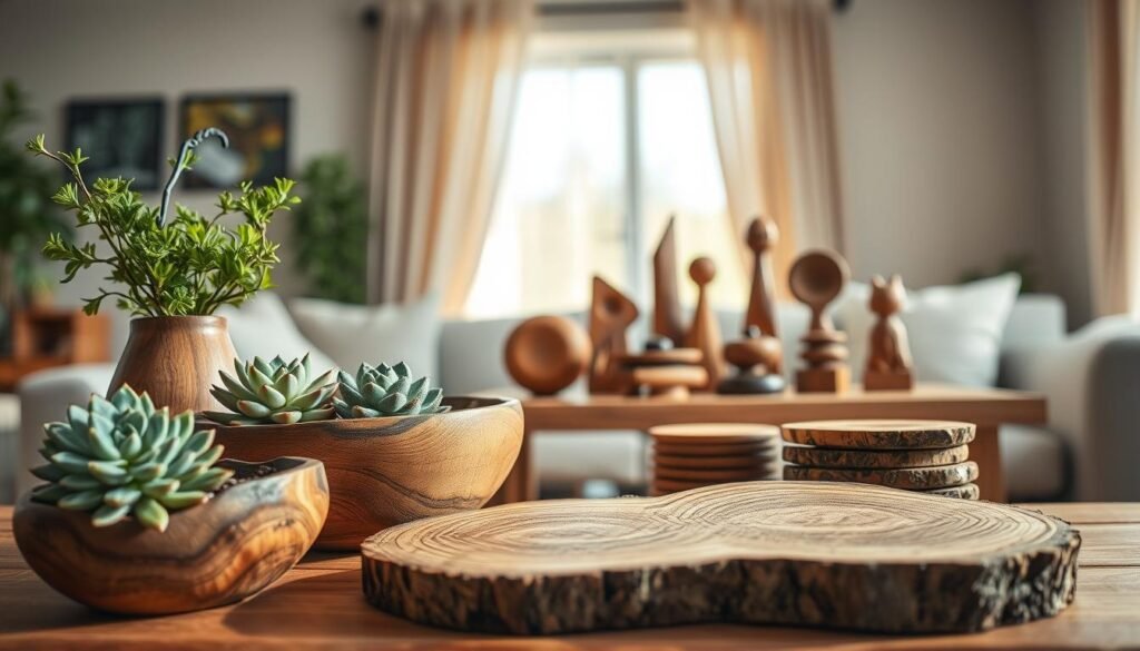 A beautifully arranged display of wooden accent pieces, highlighting their natural textures and grains. In the foreground, a handcrafted wooden bowl filled with succulents sits beside a rustic wooden vase with fresh greenery. In the middle, a charming wooden shelf showcases an assortment of decorative wooden sculptures and coasters, intricately carved and polished. The background features a softly blurred living room setting, bathed in bright natural light, with airy curtains gently fluttering in the breeze. The atmosphere is warm and inviting, with soft sunlight enhancing the wood's rich tones. Capture this scene from a slightly elevated angle to emphasize the layers and depth, evoking a sense of tranquility and harmony with nature.
