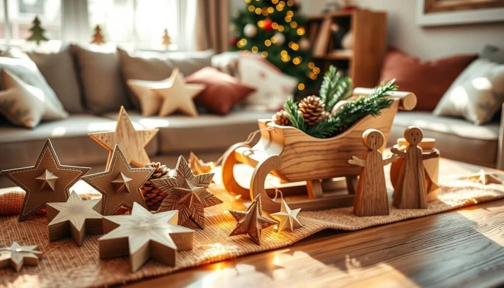 A beautifully arranged display of wooden holiday decorations, showcasing handcrafted ornaments like stars, snowflakes, and rustic figurines made from reclaimed wood. In the foreground, a wooden table is adorned with a warm, textured fabric, highlighting the natural grains and craftsmanship of the items. In the middle, a wooden sleigh filled with pinecones and sprigs of evergreen radiates holiday cheer, while delicate fairy lights softly twinkle around the decorations. The background features a cozy living room setting, softly illuminated by bright natural light streaming through a nearby window, casting gentle shadows that enhance the warmth of the scene. Capture the serene and inviting atmosphere of a home during the holidays with a focus on the intricate details and warm tones of the wooden décor.