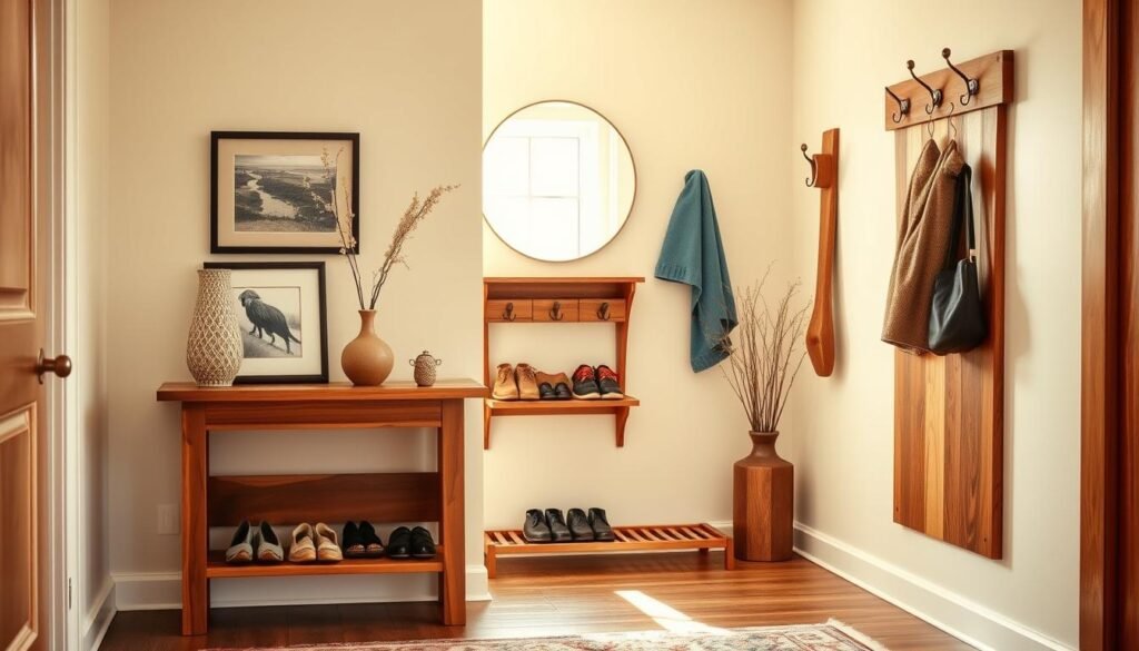 A beautifully arranged entryway showcasing various wood projects, including a handcrafted console table, a rustic shoe rack, and elegant wall-mounted coat hooks. The foreground features the console table adorned with a stylish vase and a framed photo, all made of rich, warm-toned wood. In the middle, the shoe rack complements the table, displaying neatly arranged shoes. The background reveals a softly painted wall with a welcoming mirror reflecting the warm sunlight streaming in through a nearby window, creating an airy atmosphere. The overall lighting is bright and natural, enhancing the textures of the wood. The mood feels inviting and homely, perfect for a cozy entryway. Capture this scene from a slightly elevated angle to emphasize its welcoming nature.
