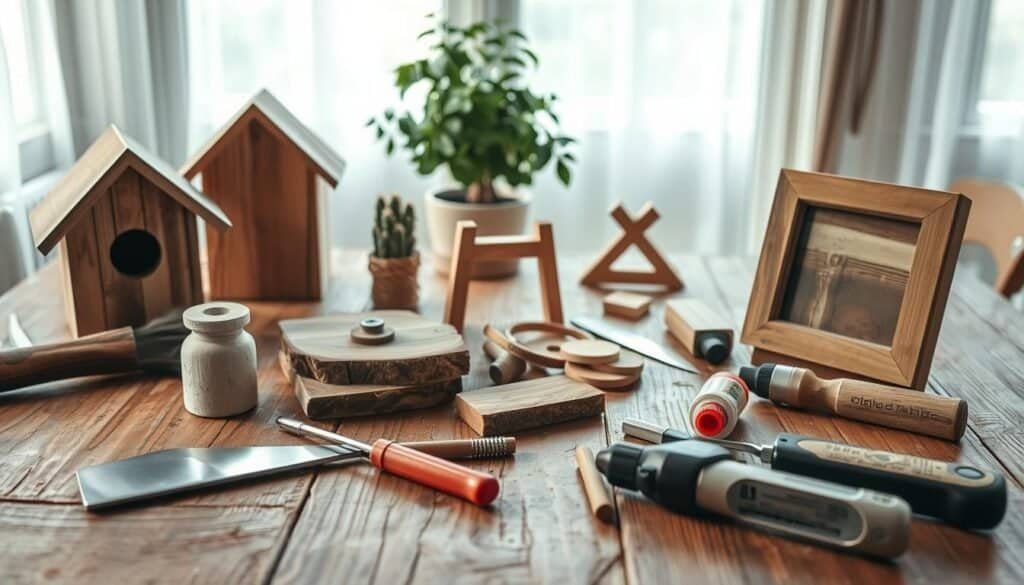 A beautifully arranged flat lay of creative scrap wood crafts on a rustic wooden table. The foreground features various DIY projects, including a charming birdhouse, a small plant stand, and a decorative picture frame, all crafted from different textures of recycled wood. In the middle ground, tools like a saw, sandpaper, and wood glue are artfully scattered, showcasing the creative process. The background features soft, airy natural light filtering through a nearby window, illuminating the scene with a warm glow. The atmosphere is inviting and inspiring, evoking a sense of accomplishment and the joy of upcycling. Capture the scene from a slightly elevated angle to provide depth and detail, emphasizing the craftsmanship and creativity involved in each piece.