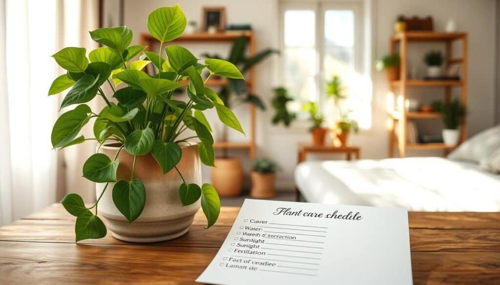 A beautifully arranged indoor plant care schedule displayed on a wooden table with a rustic touch. In the foreground, there’s a delicate care checklist with sections for watering, sunlight, and fertilization, written in elegant calligraphy. A healthy Pothos plant with vibrant green leaves sits nearby in a handmade ceramic pot. In the middle ground, soft sunlight streams through a large window, creating gentle shadows and highlighting the lush foliage. The background features a cozy corner with neutral-colored walls and minimalistic shelves adorned with gardening books and small decorative items. The mood is calm and serene, evoking a sense of peace and connection to nature, ideal for creating a tranquil living space.