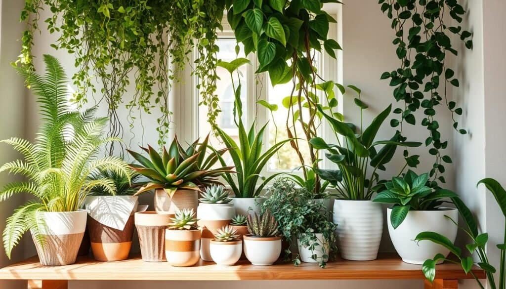A beautifully arranged indoor plant shelf, featuring an assortment of lush greenery including ferns, succulents, and trailing vines. The foreground showcases a wooden shelf with various plant pots in earthy tones, some with textured ceramics and others in minimalist white. The middle ground includes taller plants with vivid foliage, reaching toward a sunlit window, creating a sense of height and dimension. In the background, soft natural light streams in, casting gentle shadows that enhance the inviting atmosphere. The entire scene is airy and well-lit, invoking a feeling of tranquility and freshness, ideal for a cozy living space. The image captures the essence of adding dimension to flat surfaces, focusing on the harmony between plants and decor elements, while ensuring a realistic and aesthetically pleasing composition.