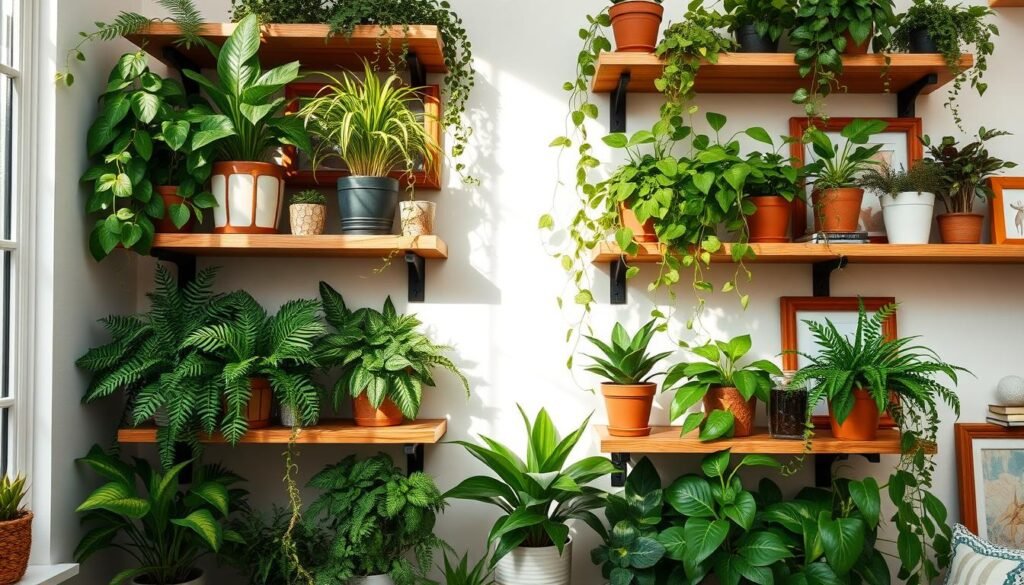 A beautifully arranged indoor plant shelving setup featuring wall-mounted wooden shelves. The foreground showcases a variety of lush, leafy plants in decorative pots, such as ferns, succulents, and trailing vines, each thoughtfully placed to create a sense of abundance. The middle layer reveals the warm tones of the wooden shelves, elegantly crafted with a natural finish, enhancing the organic vibe. Soft sunlight streams in from a nearby window, casting gentle shadows that add depth and texture to the scene. In the background, a neutral-colored wall subtly complements the greenery, while hints of cozy decor items, like wooden frames and books, enhance the inviting atmosphere. The overall mood is serene, promoting a harmonious blend of nature and crafted wooden elements, emphasizing purposeful arrangement for plant collections.