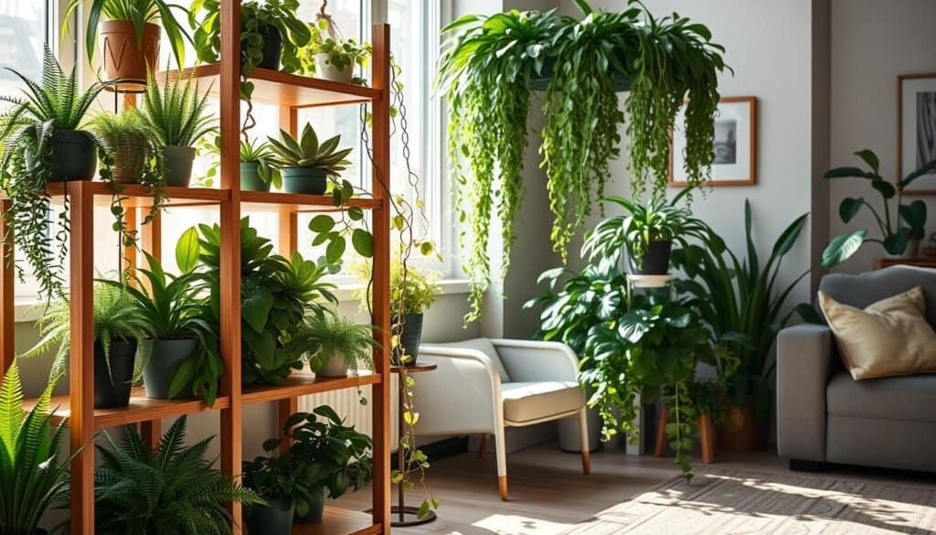 A beautifully arranged indoor plant shelving unit filled with a variety of green plants, including ferns, succulents, and trailing vines, creating a lush and vibrant focal point. The foreground features a sleek, modern wooden shelf with multiple tiers, surrounded by soft, natural light streaming in from a nearby window, casting gentle shadows. In the middle ground, an inviting living space is seen, complete with a cozy armchair and soft throw pillows, emphasizing the warmth of the scene. The background reveals a hint of a well-decorated wall with subtle artwork, contributing to a harmonious atmosphere. The overall mood is fresh and calming, embodying the essence of greenery enhancing a living environment, perfectly illuminated with bright, airy sunlight to evoke a sense of rejuvenation and tranquility.