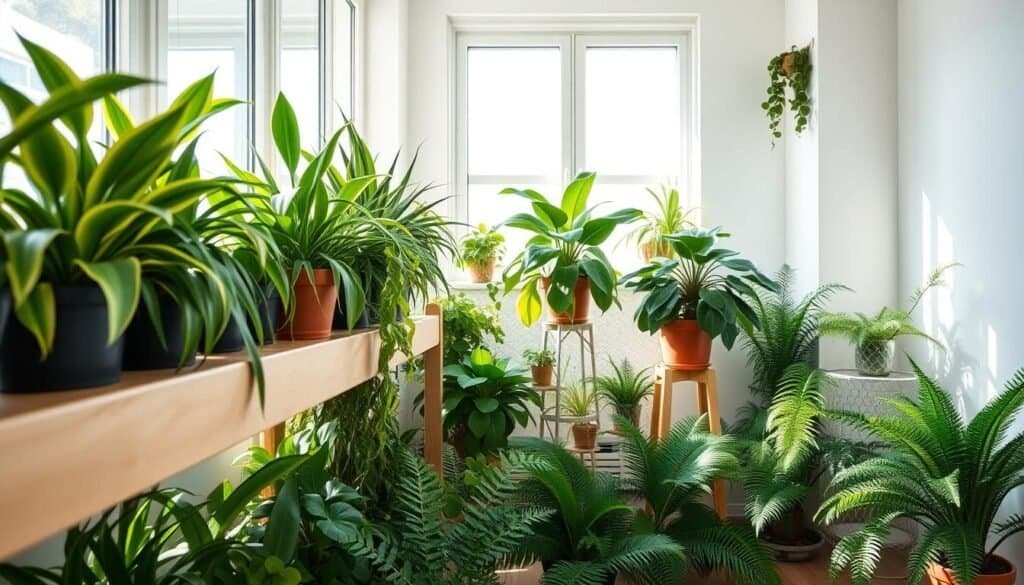 A beautifully arranged indoor plant shelving unit filled with a variety of greenery, including tall snake plants, vibrant pothos, and delicate ferns. The foreground showcases a wooden shelf with plants artfully placed at various heights, enhancing visual interest. In the middle, a sunlit room features large windows allowing bright, soft sunlight to filter through, casting gentle shadows on the walls. The background includes a light, airy wall painted in soft pastels, complementing the greenery. The overall atmosphere is tranquil and uplifting, inviting a sense of calm and freshness. Use a wide-angle lens perspective to capture the depth of the space, ensuring the focus remains on the harmonious arrangement of plants in this well-decorated room.