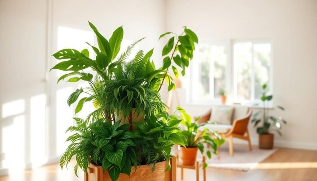A beautifully arranged indoor plant stand set against a bright, airy room. In the foreground, a handcrafted wooden plant stand showcases an array of lush green plants in varying sizes, including ferns, snake plants, and pothos. The middle ground features a cozy seating area with a comfortable chair, bathed in soft sunlight streaming through large windows, emphasizing the vibrant greens of the plants. In the background, light-colored walls and minimalistic décor enhance the serene atmosphere. There’s a sense of tranquility in the scene, evoking a refreshing, energetic vibe. The lighting is warm and natural, highlighting the textures of the plants and wood. Capture this inviting, energizing space from a slightly elevated angle to give a comprehensive view of the plant stand and its harmonious integration into the room.